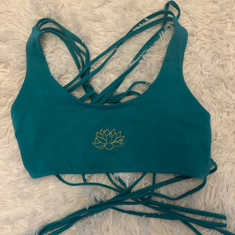 Teal Strappy Sports Bra with Lotus Design